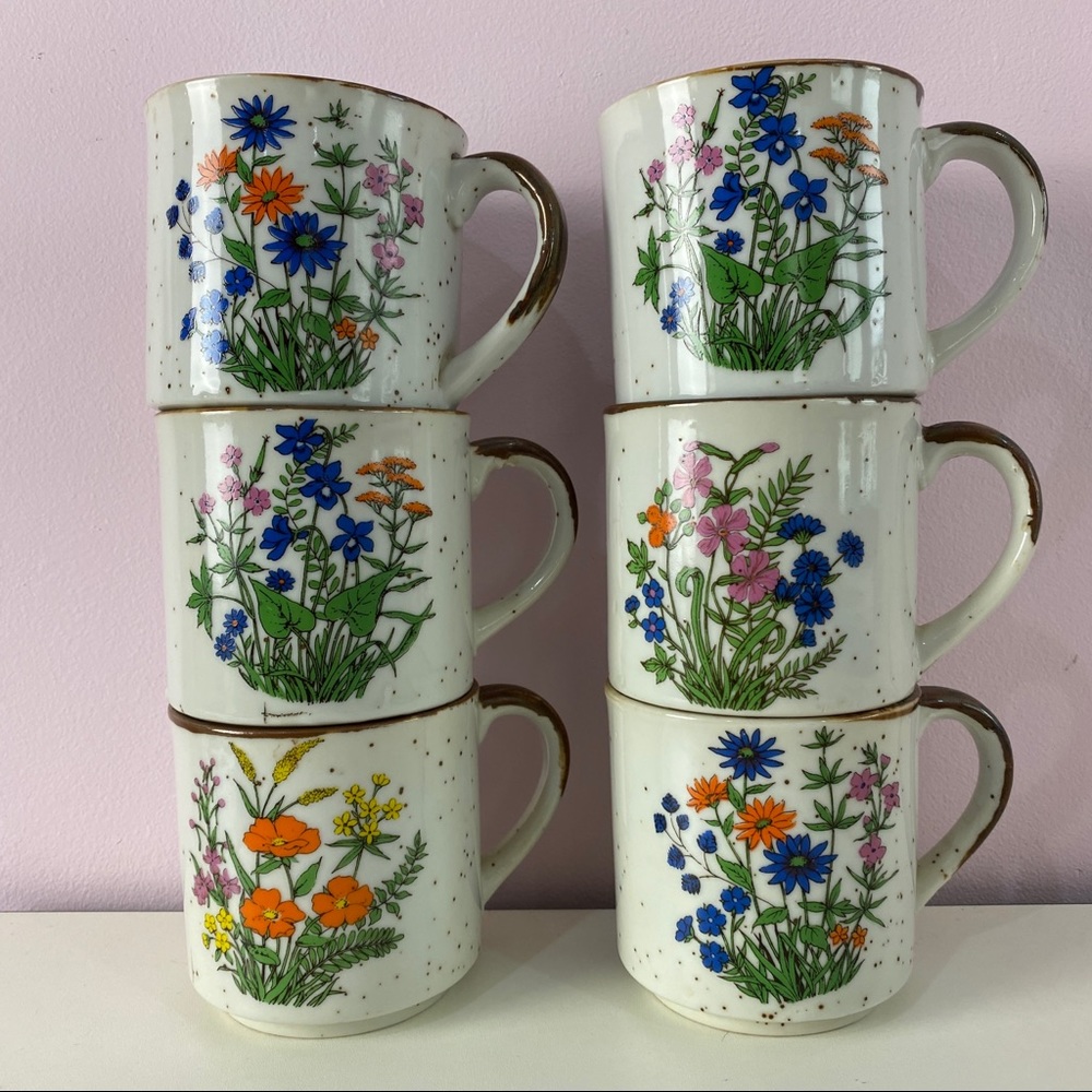 SOLD 6 Vintage MCM Floral Coffee Cup Mugs 70s Speckled Stoneware Wildflowers
